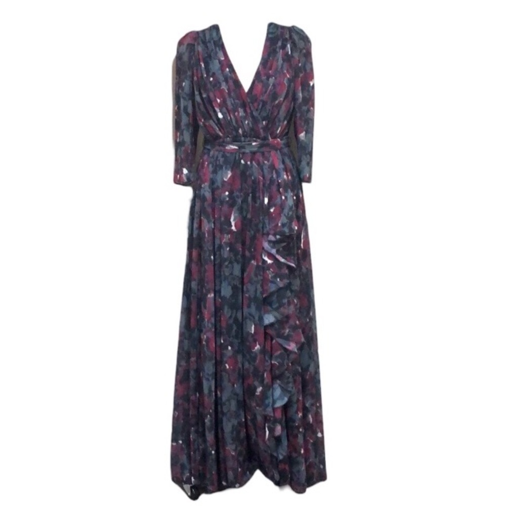 Badgley Mischka Pleated Floral Gown Size 18 Gray Black Burgundy